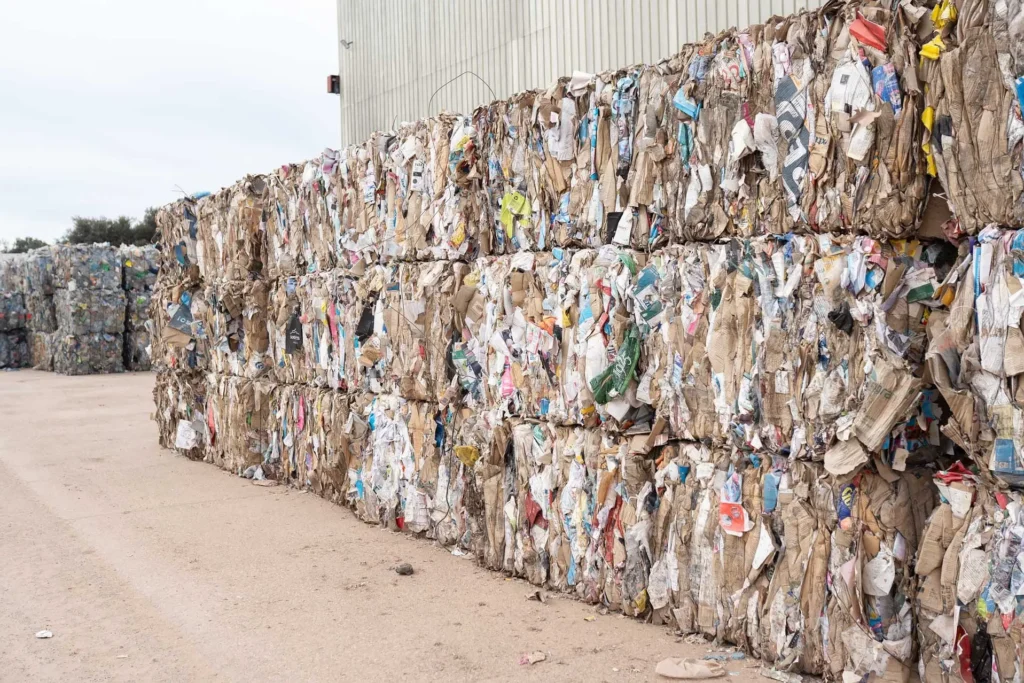 Cubos de residuos, apilados para su reciclaje.
