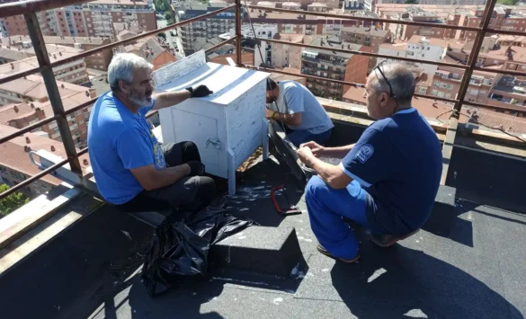 Los miembros de NaturZamora y SEO-Salamanca limpian y preparan la caja nido.